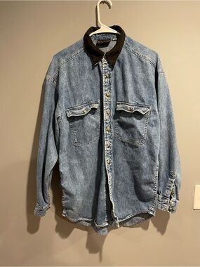 Vintage 90s Denim Button-Up Shirt with Contrast Collar - Light Blue